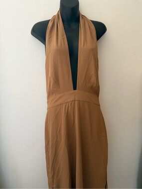 Worthington One-Shoulder Halter Dress in Caramel Brown
